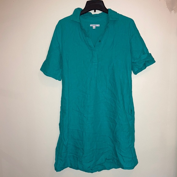 Chico's Dresses & Skirts - Chico's Turquoise Teal 100% Linen Button Up Beach Popover Dress Shift Cover Up